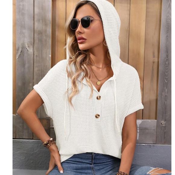 Cozy Waffle Knit Button Hoodie Cuff Sleeve Top - Picture 2 of 3